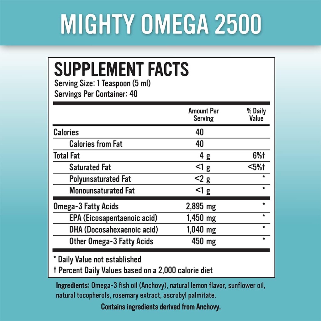 Mighty Omega 2500 Potent Omega 3 Supplément - 2500 MG EPA DHA par teaspoon - Haute dose Omega's 3 Huile de poisson - Pacifique Sud Anchovy Source - Triglycéride Omega 3 Supplément acide gras