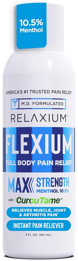 Relaxium Flexium Spray instantané pour la douleur, Max Strength avec 10,5% Menthol & CurcuTame, soutient la douleur musculaire, articulaire et arthrite, 3 FL oz. (90 ml)