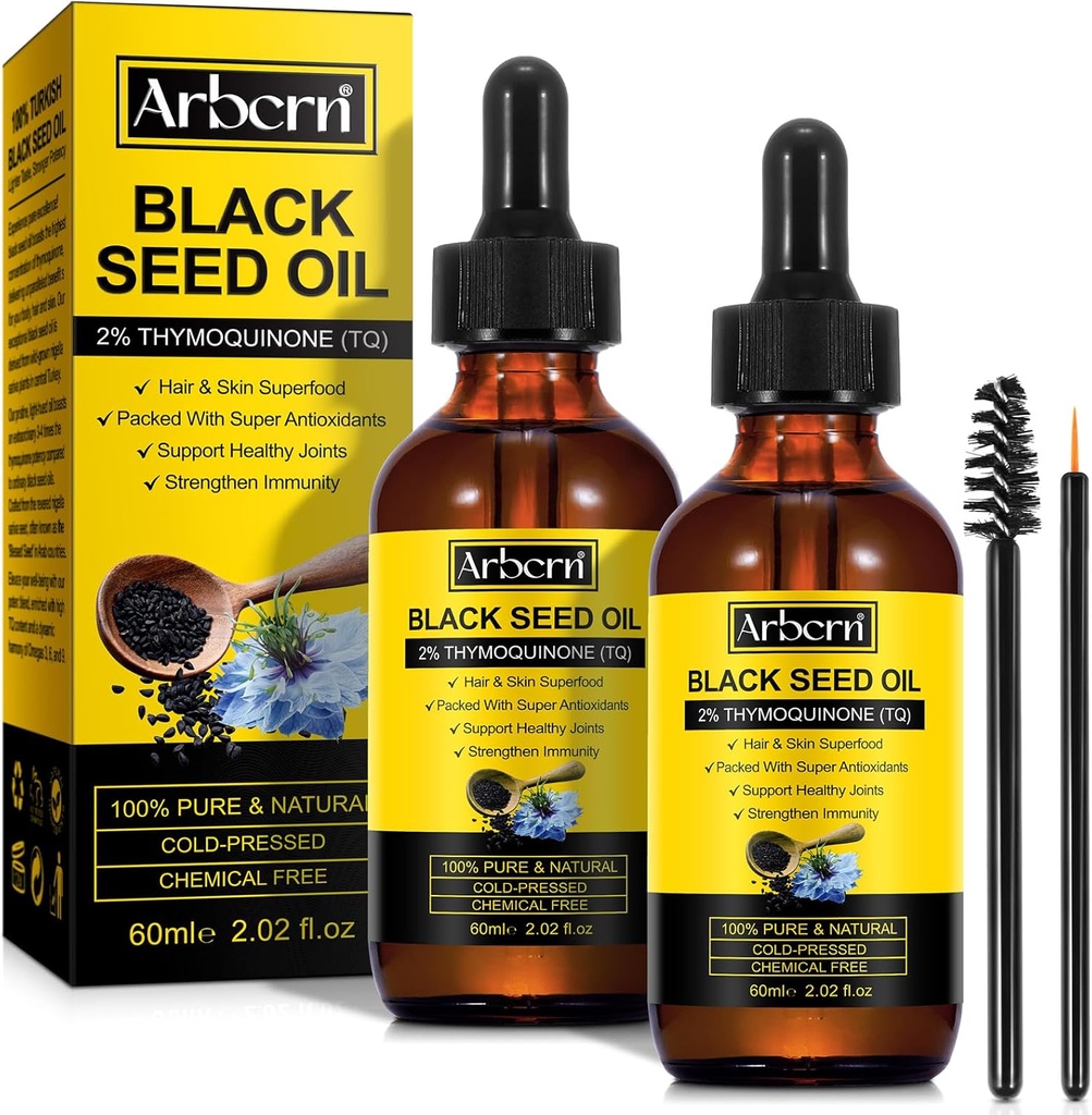 2 Pack Black Seed Oil Organic Cold Pressed, 100% Pure & Natural Liquid Black Seed Oil Cold Pressed Glass Bouteille 60ML pour les soins de la peau, les nausées et les cheveux hydratants