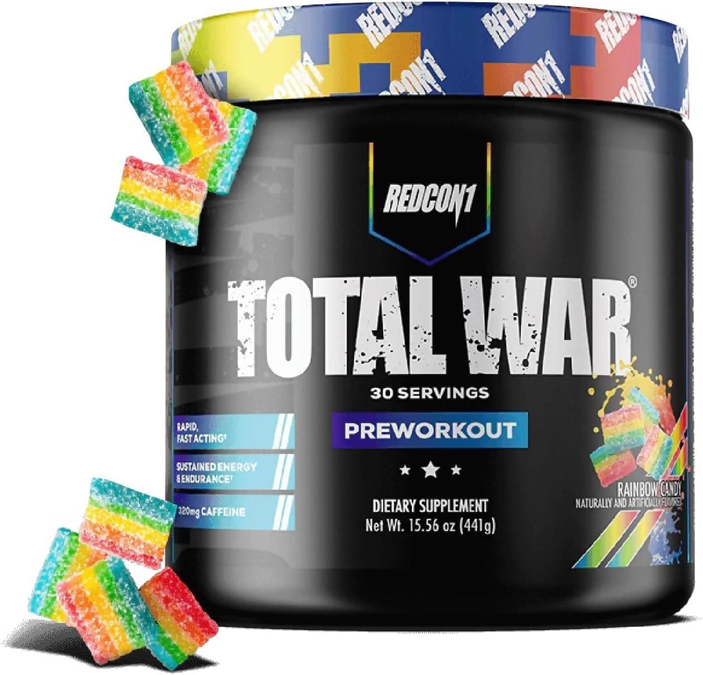 REDCON1 Total War Pre Workout, Rainbow Candy - Beta Alanine + Citrulline Malate Keto Friendly Preworkout pour les hommes et les femmes avec 320mg de caféine - Fast Acting (30 portions)
