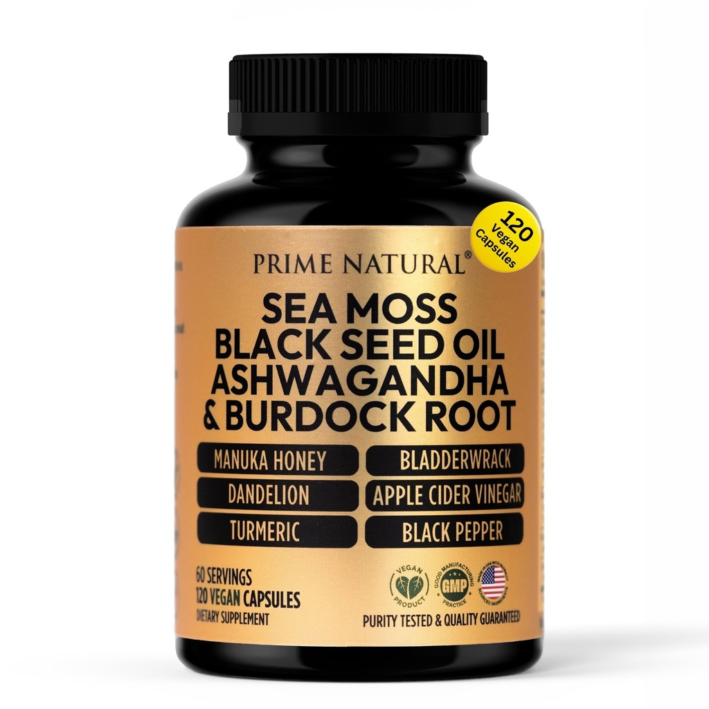 PRIME NATURAL Sea Moss 3000mg Black Seed Oil 2000mg Ashwagandha 1000mg Turmeric 1000mg Bladderwrack 1000mg Burdock 1000mg Manuka Honey Dandelion CVC - 120 capsules
