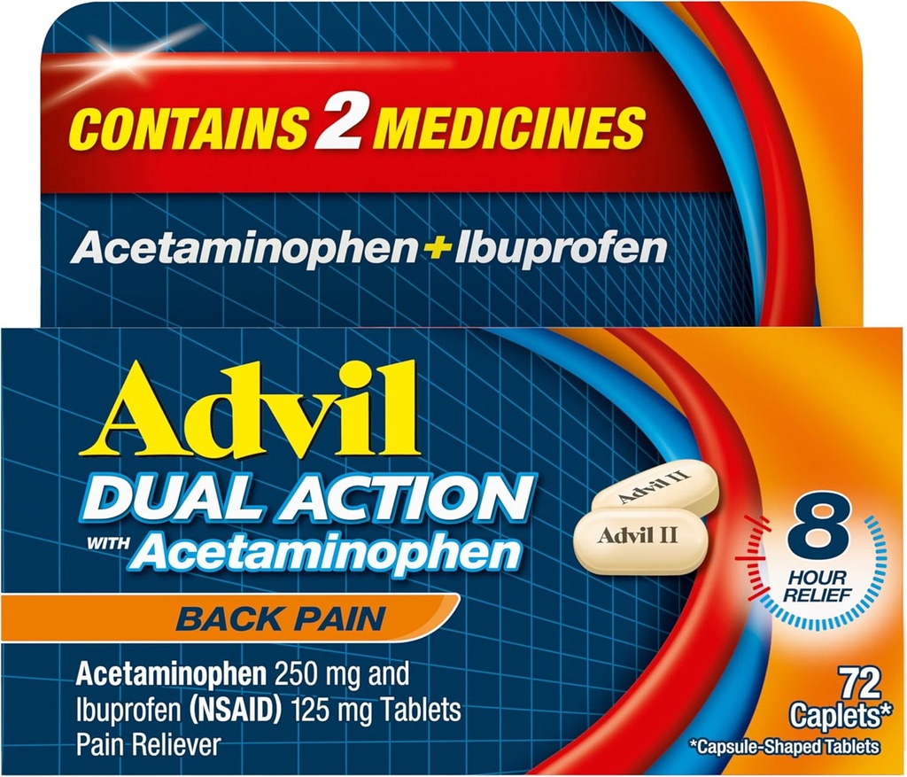 Advil double action Caplets de douleur du dos livre 250mg Ibuprofène et 500mg Acétaminophène par dose pour 8 heures de soulagement de la douleur du dos - 72 Compte