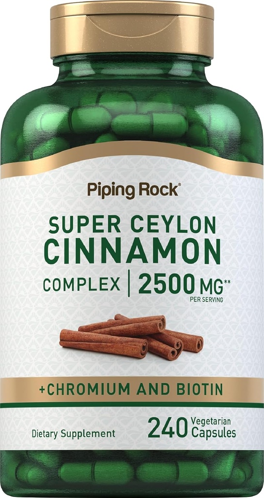 Piping Rock Super Ceylan Cinnamon Complex Capsules de 250 mg 240 Pilules de poudre Supplément d'extrait avec chrome et biotine