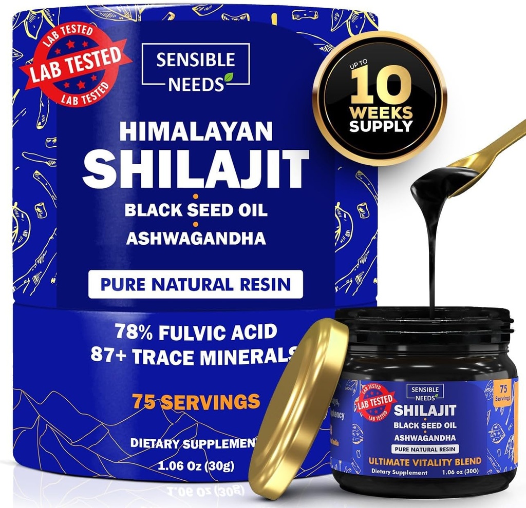 Supplément de résine biologique pur Himalayan Shilajit, Shilajit pour hommes et femmes avec huile de graines noires et Ashwagandha, énergie, immunité, 78% acide fulvic, 87+ Traces minérales, 400mg