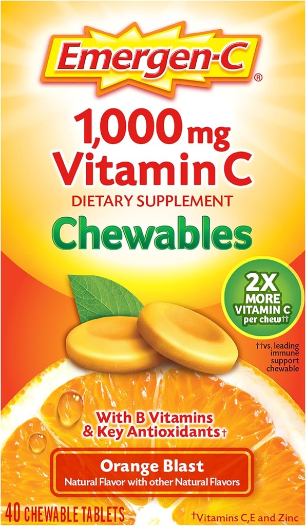 Emergen-C Vitamine à croquer C 1000mg, avec les vitamines B et les antioxydants Comprimé (40 Nombre, Arôme de Blast d'Orange), supplément alimentaire