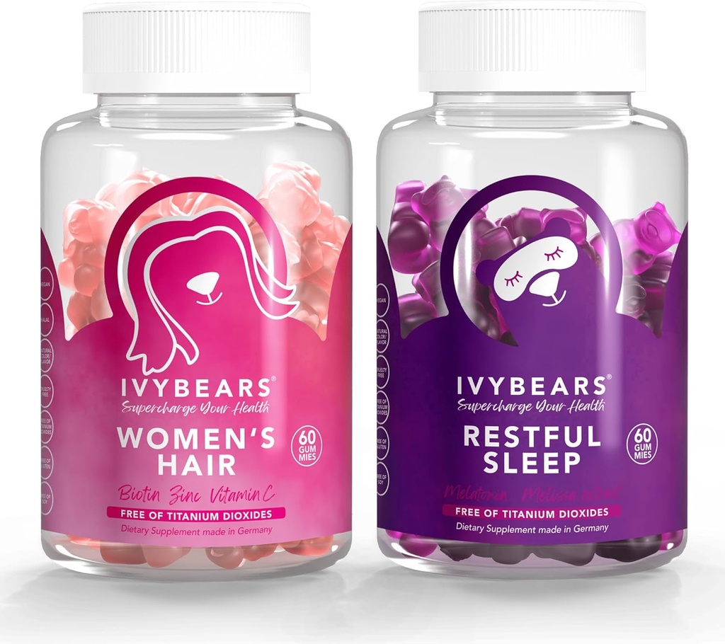 IvyBears® Gommies de cheveux et de sommeil pour les femmes – Biotine Vitamine capillaire + Melatonine à action rapide avec des botaniques relaxants – Vegan Beauty & Sleep Support – 2-Pack