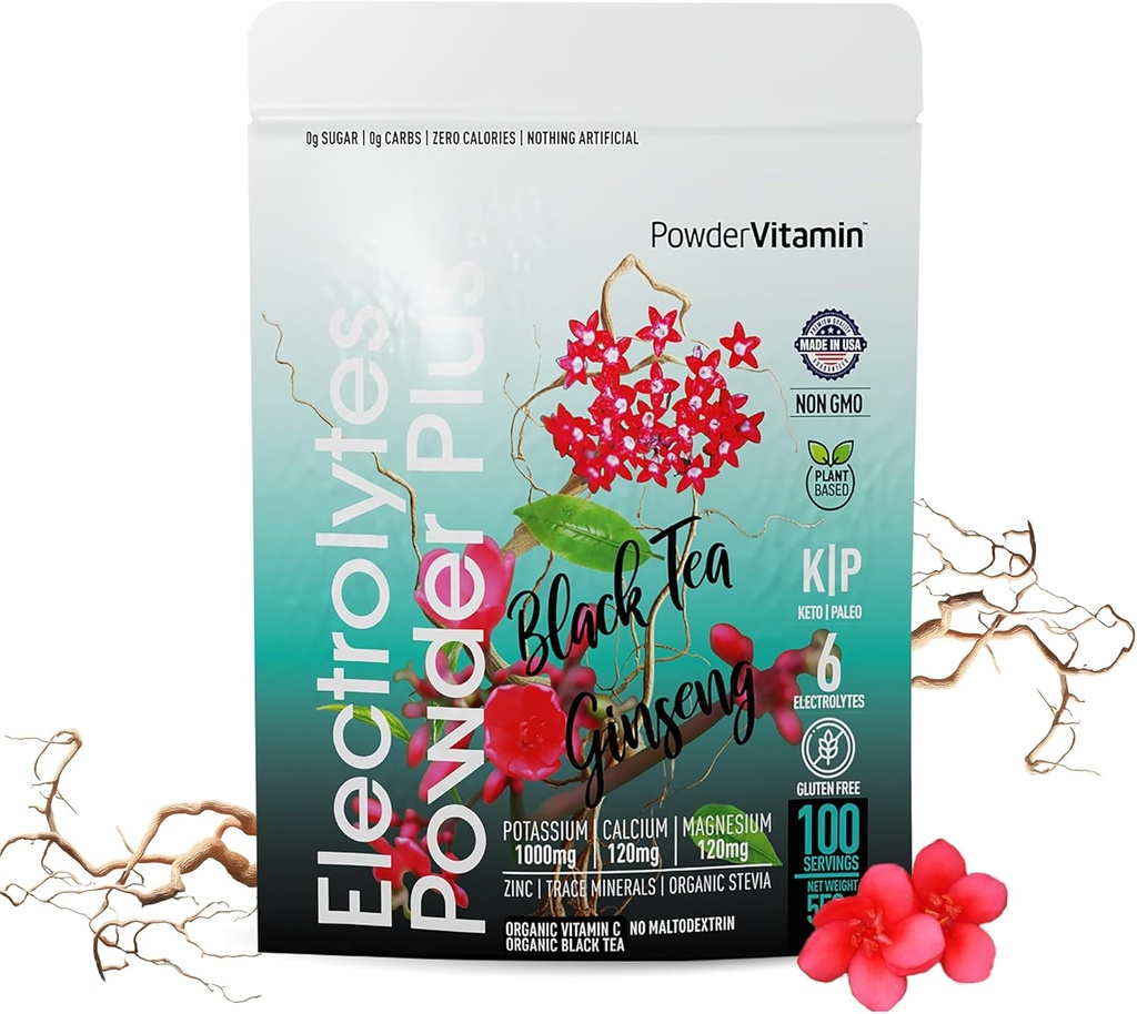 PoudreVitamine Electrolytes Poudre Plus (100 portions) Thé noir Ginseng Electrolyte Poudre Keto, Sans sucre, Sel d'Himalaya rose,1000mg Potassium,150mg Calcium,150mg Magnésium, Poudre d'hydratation