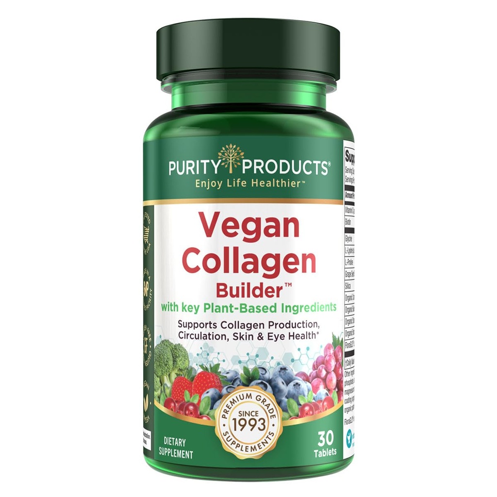 Constructeur de collagène végétalien - Aliments organiques entiers Fruits + Végétaux, Silice, Lutéine, Vitamine C, Biotine, Graines de raisin - Acides aminés Glycine, Lysine + Boosters de collagène proline (30 portions, comprimés)