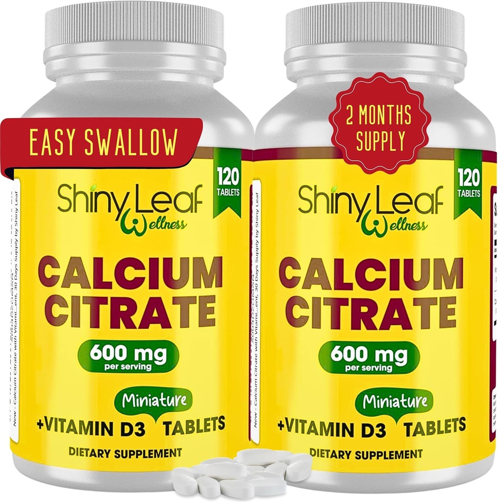 Feuille brillante Calcium Minis 600 mg - Comprimés quotidiens de Citrate de Calcium 600 mg Plus Vitamine D3 pour les femmes et les hommes, facile à avaler, fabriqué aux États-Unis, végétarien - 240 Ct.