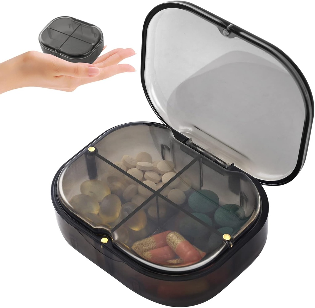 Organisateur quotidien de pilules, 4 compartiments Portable Pill Box avec l'humidité-Proof Design, organisateur de médecine mignon pour tenir la vitamine, huile de poisson, suppléments et médicaments