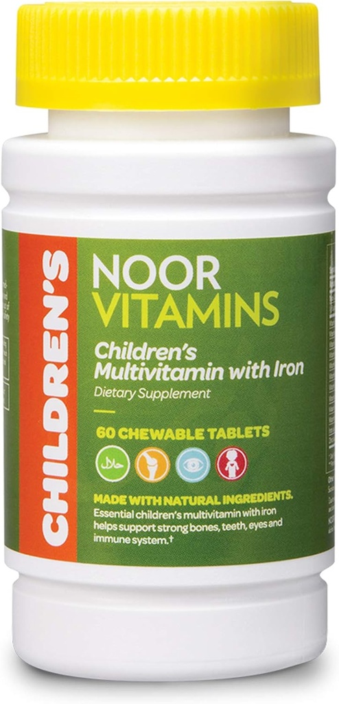 Noor Vitamines Halal Kids Multivitamines à croquer : Vitamines essentielles pour la santé immunitaire, osseuse et oculaire avec fer - Sans OGM et sans gluten - Vitamines halales compte de 60 (2 mois)