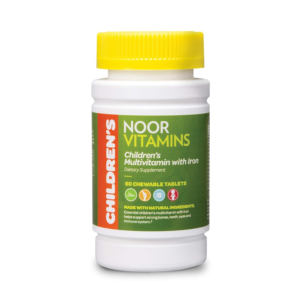 Noor Vitamines Halal Kids Multivitamines à croquer : Vitamines essentielles pour la santé immunitaire, osseuse et oculaire avec fer - Sans OGM et sans gluten - Vitamines halales compte de 60 (2 mois)