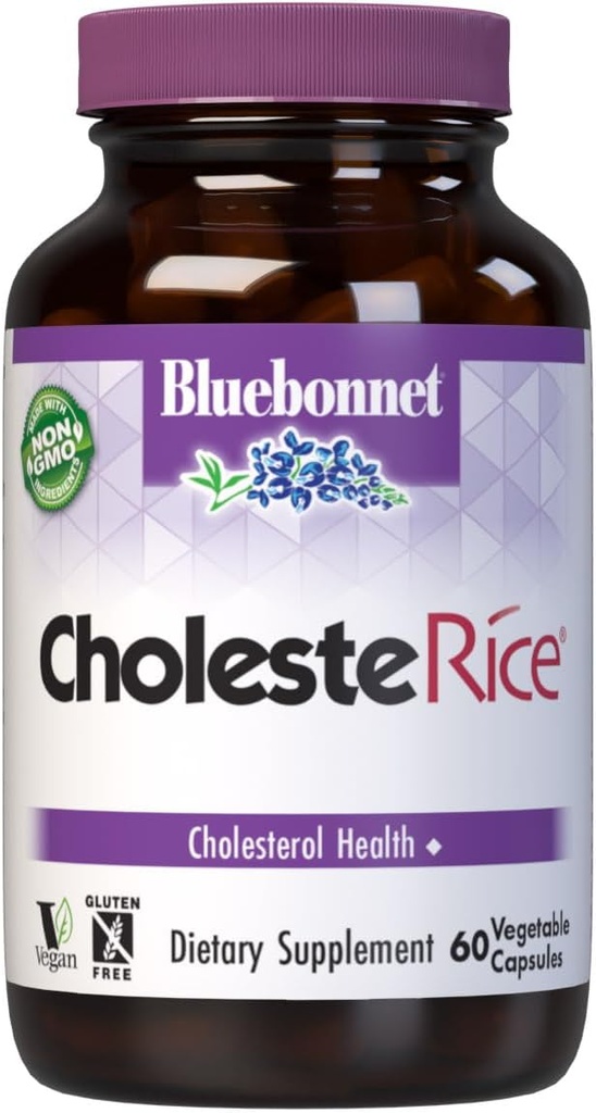 Bluebonnet Nutrition CholesteRice Capsules végétales, Riz rouge de levure, Stérols, Pantethine, CoQ10, Policosanol, Végétarien, Non OGM, Sans gluten, Sans lait, SOY-FREE, 60 Capsules végétales