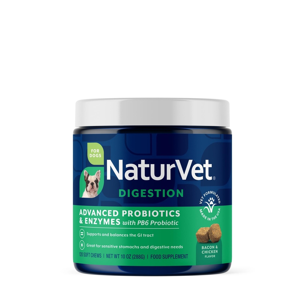 NaturVet Advanced Probiotics & Enzymes Dog Supplement - 120 Soft Chews | PB6 Probiotic Supplement for Dogs - Supports Stomach, Intestinal, Digestive & GI Tract Health