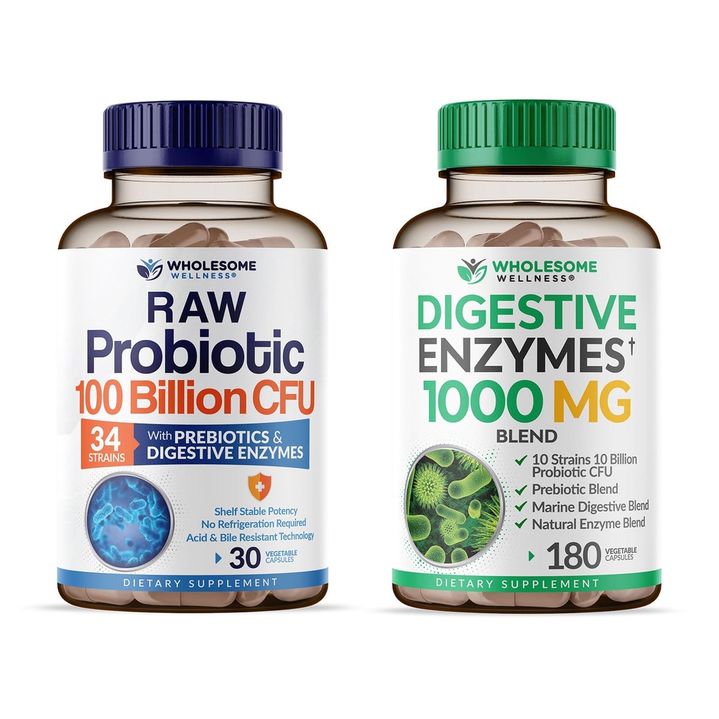 Bien-être sain Probiotiques biologiques 100 milliards UFC + enzymes digestives 1000mg avec groupe de prébiotiques