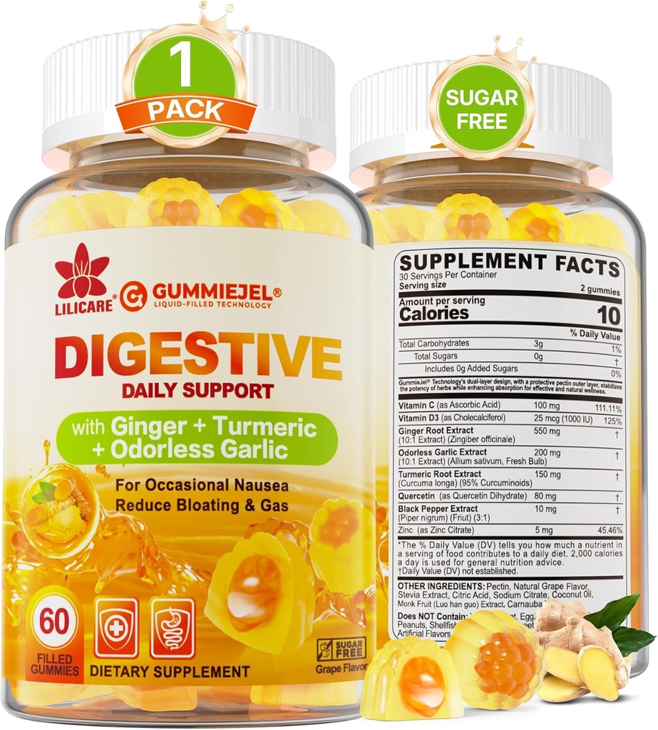 Ginger Chews Gummies for Nausea & Digestive Support, Stomach Relief - Sugar Free with Turmeric & Odorless Garlic, Quercetin, Vitamin D3, C, Delicious Digestive Supplements, 60Cts (Pack of 1)