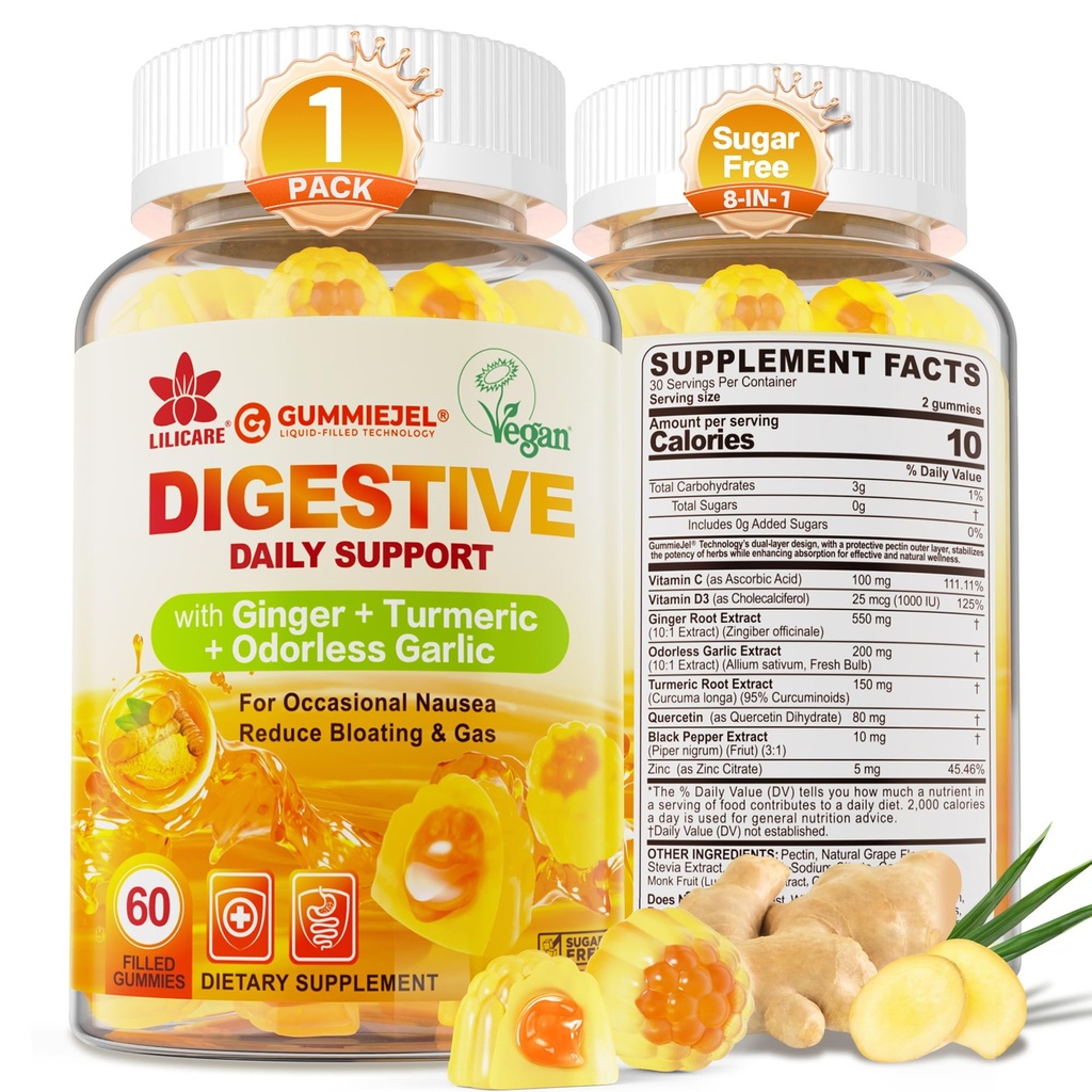 Ginger Chews Gummies pour la nausée et le soutien digestif, Soulagement de l'estomac - sans sucre avec l'ail curcuma et sans odorat, Quercetin, vitamine D3, C, délicieux suppléments digestifs, 60Cts (paquet de 1)