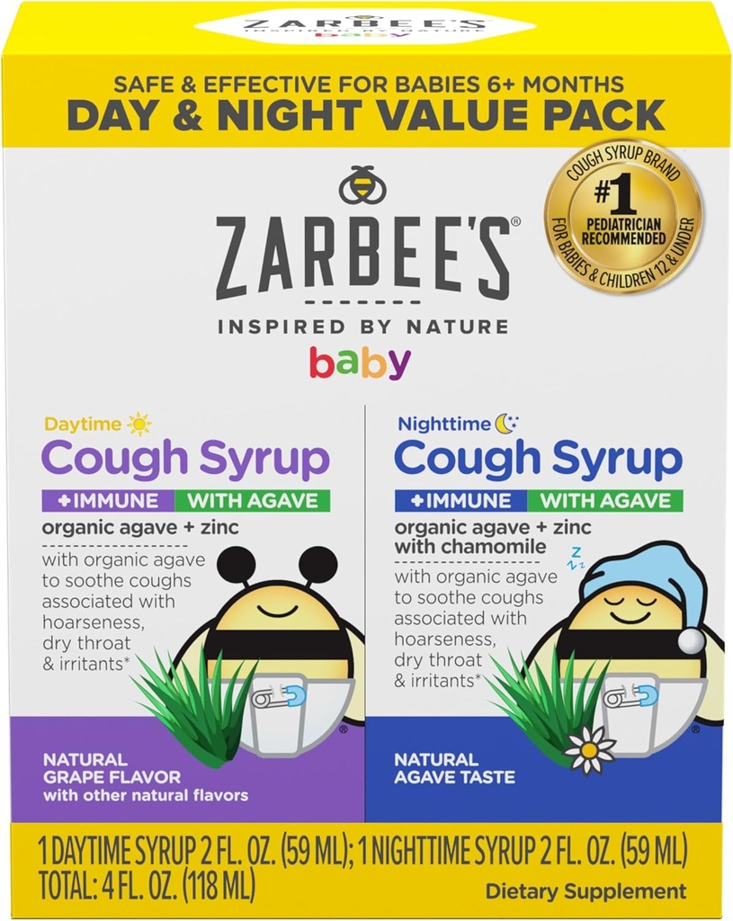 Zarbee's Baby Day & Night Cough Medicine & Syrup Value Pack avec Agave biologique + Zinc pour le soutien immunitaire, le Raisin naturel Daytime & Camomile Nighttime, Baby Cough Medicine, 2 x 2 fl oz