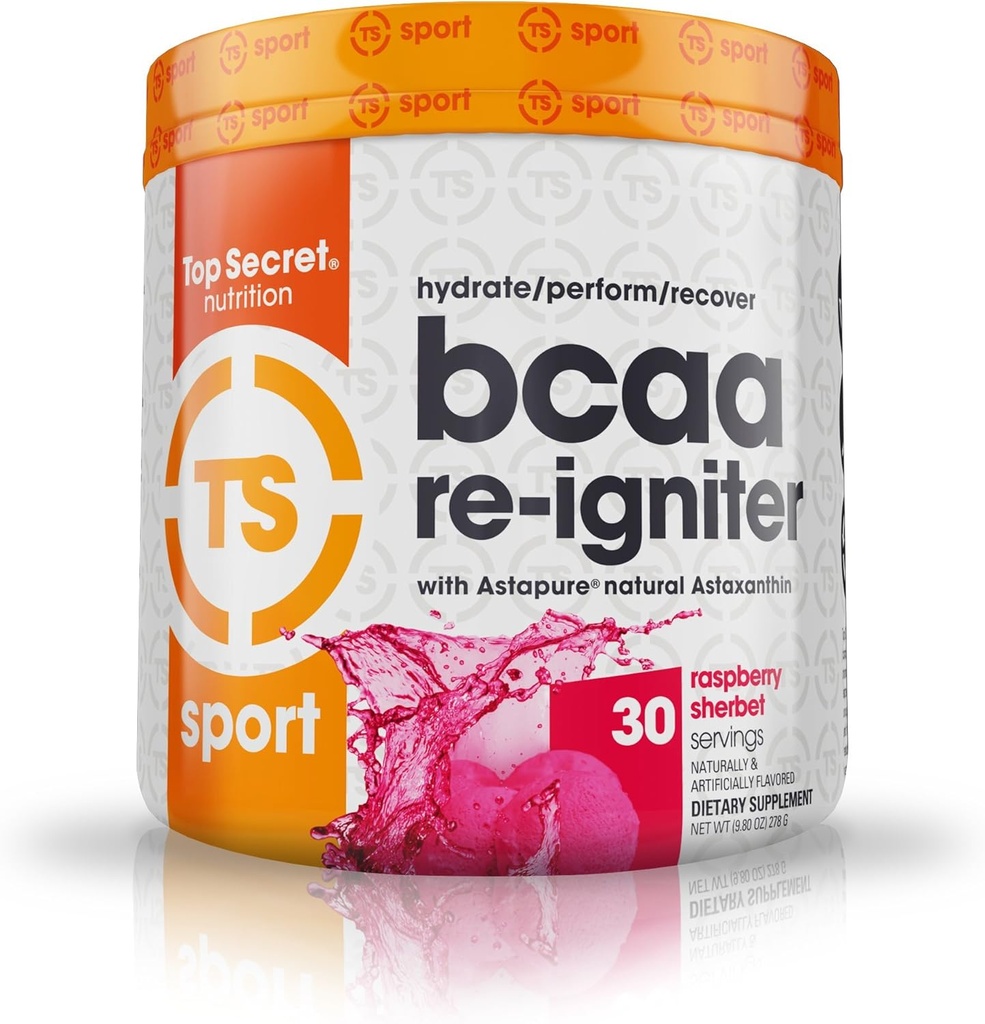 Top Secret Nutrition BCAA Re-Igniter Vegan Amino Acid Supplement avec Astaxanthin et Electrolyte, Mélange d'hydratation avec de l'eau de coco, 9,80 oz (30 portions), Framboise