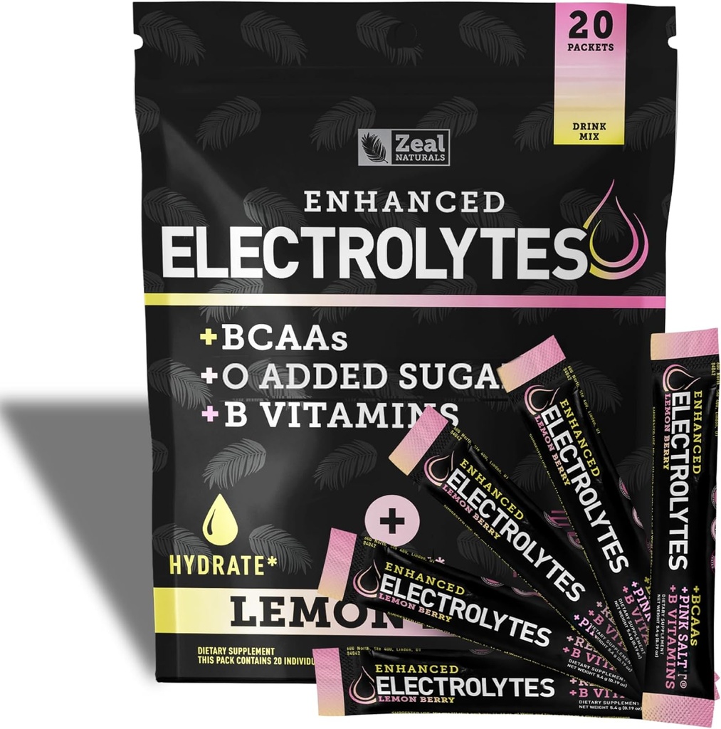 Boîtes de poudre d'électrolyte amélioré (Lemon Berry) avec 20 paquets de sucre + BCAA + B-Vitamines Supplément d'électrolyte avec Zinc Potassium et Magnésium pour l'hydratation - Electrolytes Keto