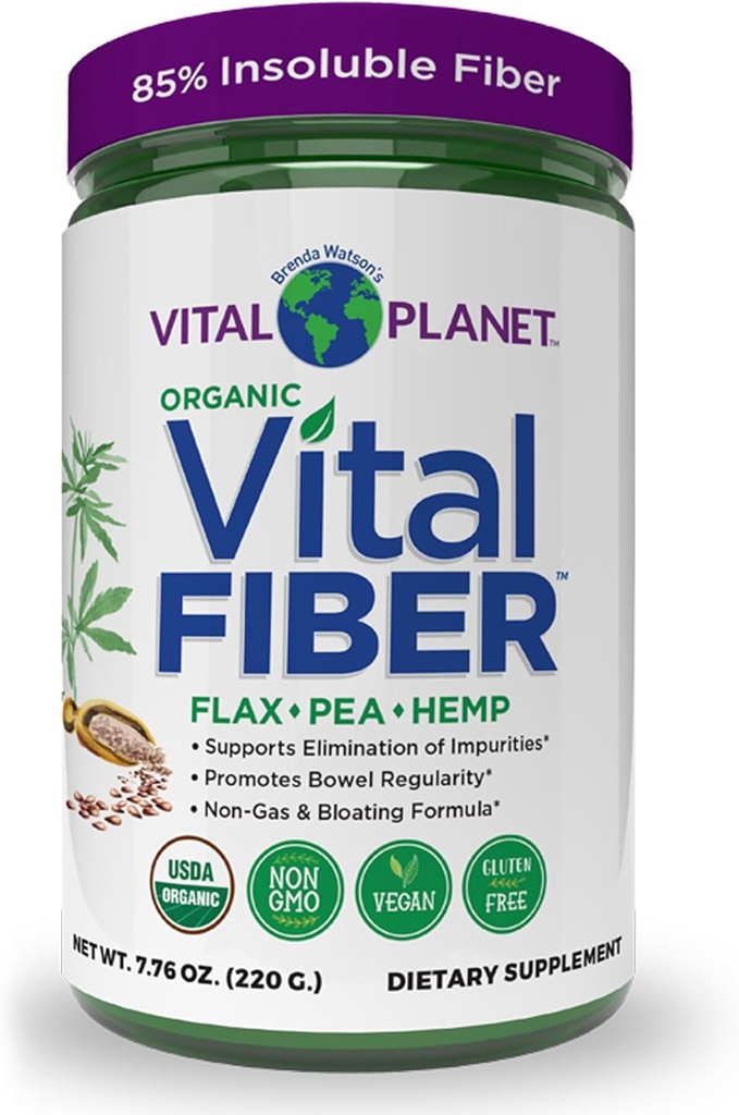 Vital Planet - Poudre de fibre vitale, supplément de fibre soluble et soluble avec du lin, du pois et du chanvre, supplément alimentaire quotidien biologique soutient la régularité digestive Gut 7,76 oz