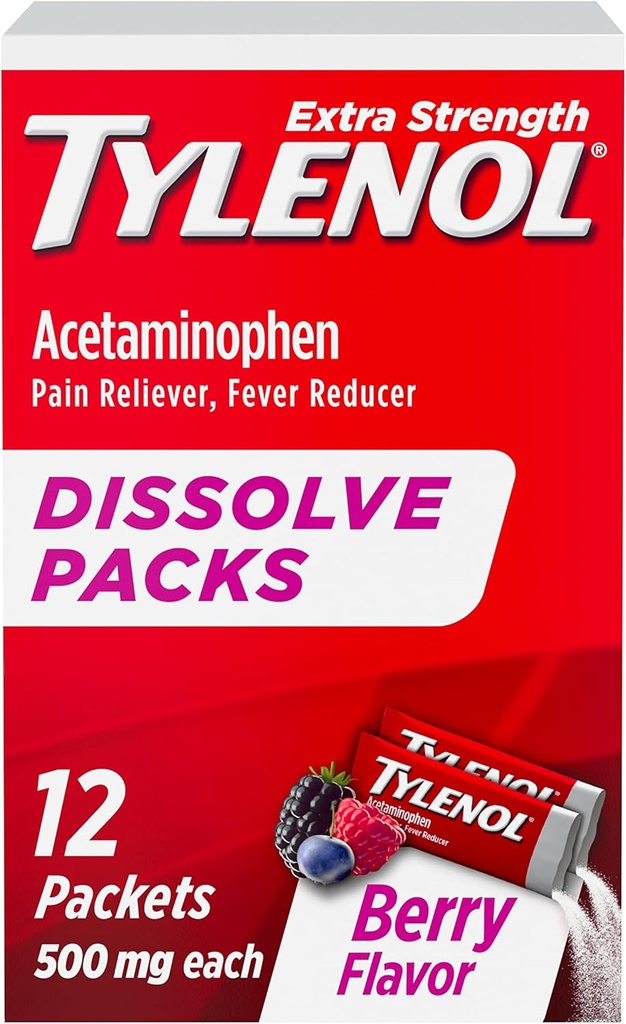 Tylenol Extra Strength Dissolve Packs, 500 mg d'acétaminophène anti-douleur et réducteur de fièvre, packs en poudre pour les douleurs et les douleurs mineures, sans Ibuprofène et sans aspirine, parfum de baie, 12 ct