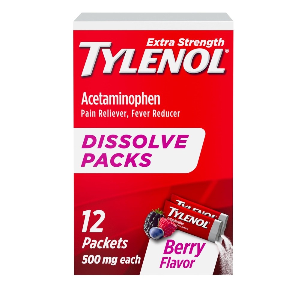 Tylenol Extra Strength Dissolve Packs, 500 mg d'acétaminophène anti-douleur et réducteur de fièvre, packs en poudre pour les douleurs et les douleurs mineures, sans Ibuprofène et sans aspirine, parfum de baie, 12 ct