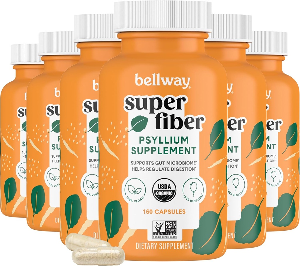 Bellway Super Fibre Capsules (6 Pack) - USDA Organic Psyllium Husk Capsules - Supplément quotidien Psyllium Husk Fibre pour la santé et la régularité digestives, à base végétale, non-OGM, Kosher - 960 Capsules
