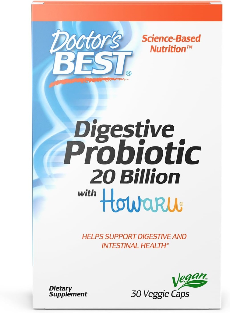 Doctors Best Digestive Probiotic 20 Billion CFU with Howaru, Supports Digestive & Intestinal Health, Non-GMO, Gluten Free, Vegan 30 Veggie Caps