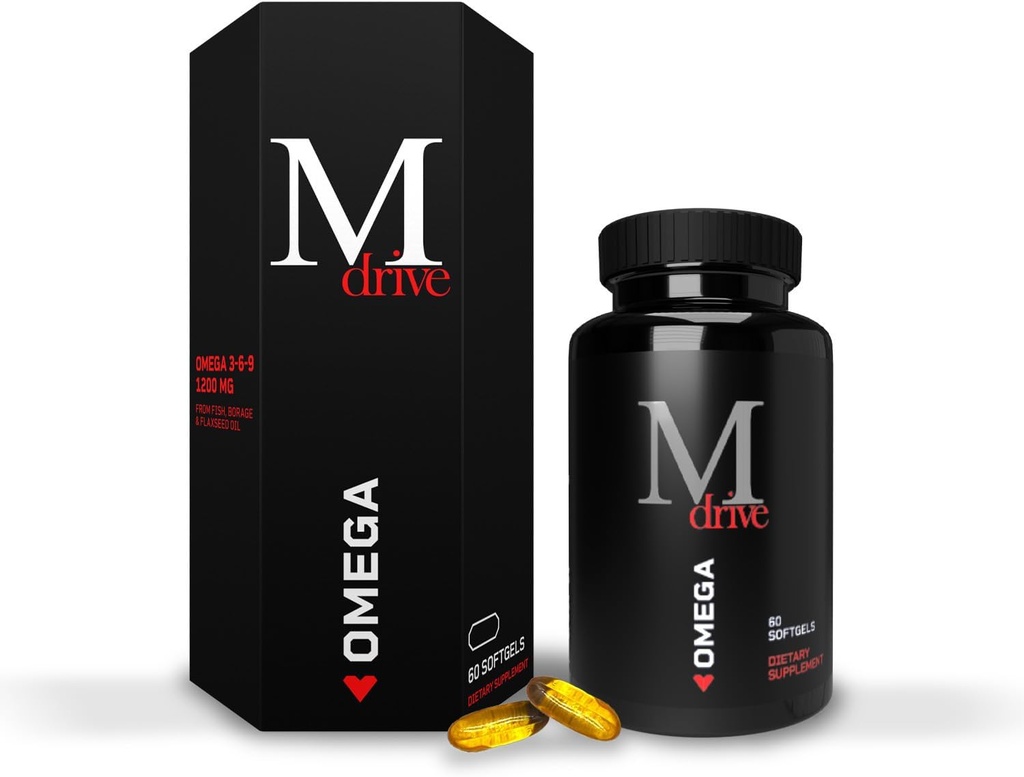 Mdrive Omega 3 Huile de poisson pour hommes, Omega 3-6-9 1200mg de poisson, huile de bore et de lin, soutien cardiaque, cerveau, peau et santé articulaire, 60 comte