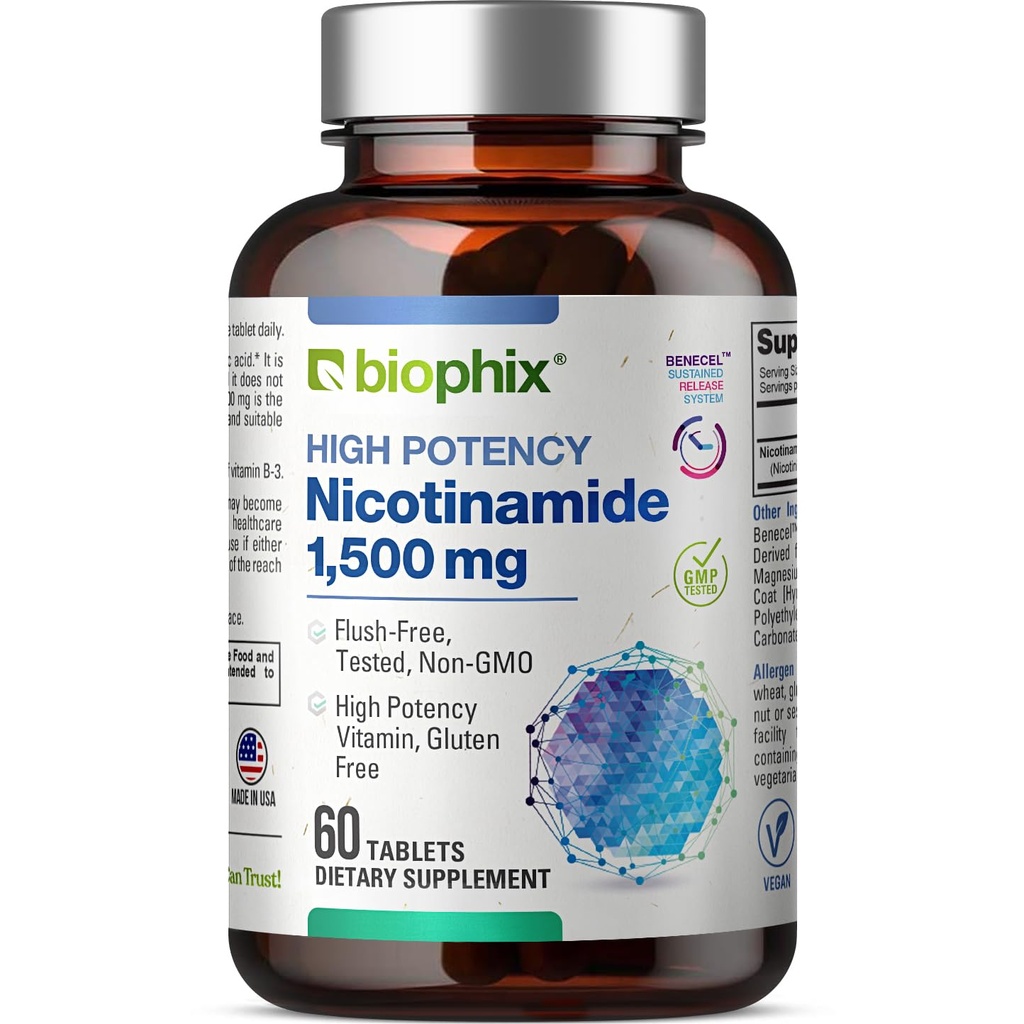 biophix B-3 Nicotinamide 1500 mg 60 Comprimés Résistance maximale - Nicotinique Amide Niacine formule de vitamine naturelle sans flush - soutient la santé des cellules de la peau