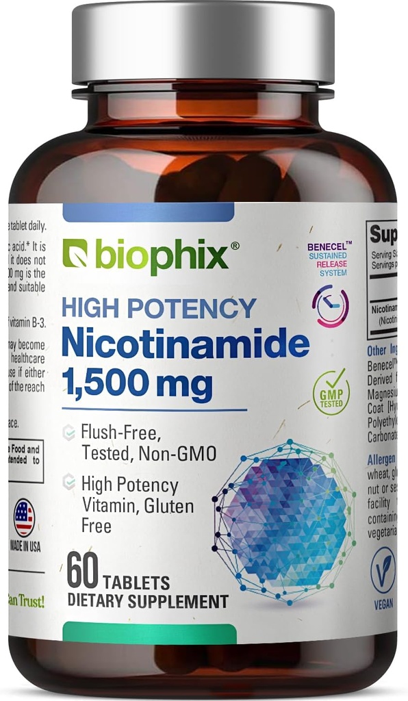 biophix B-3 Nicotinamide 1500 mg 60 Tablets Maximum Strength - Nicotinic Amide Niacin Natural Flush-Free Vitamin Formula - Supports Skin Cell Health