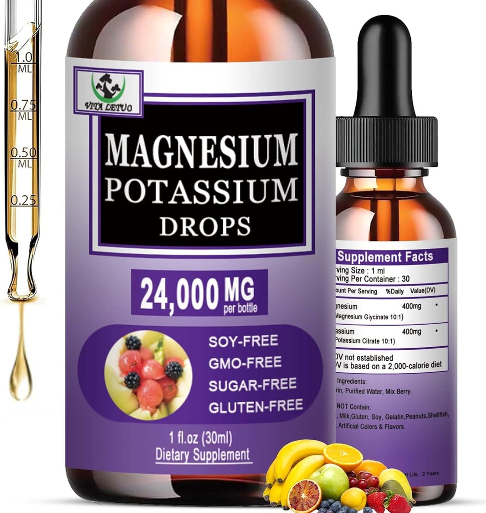Glycinate de magnésium avec supplément de potassium,Liquid Glycinate de magnésium 500mg Citrate de potassium 500mg, gouttes liquides de magnésium pour la santé vasculaire, osseuse, cardiaque, musculaire et nerveuse,non-OGM,Vegan