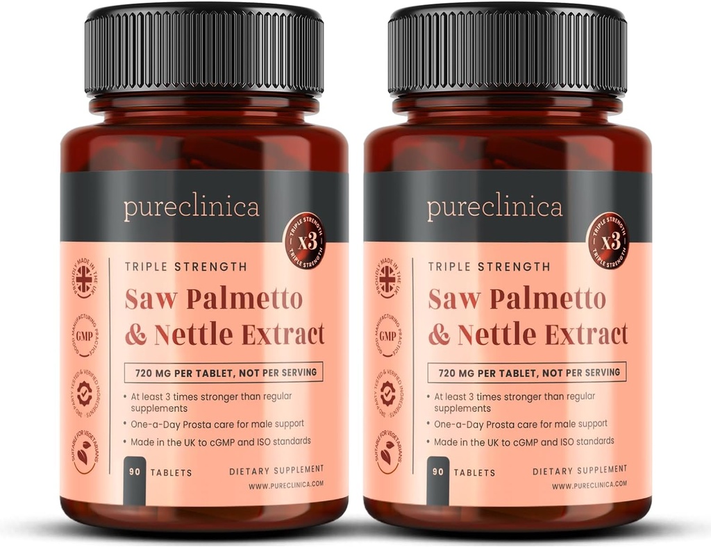 2-Pack Triple Strength Saw Palmetto & Nettle Root – 180 comprimés 4149mg avec 160mg Saw Palmetto Extract (85-95% acides gras), 30mg Nettle Root, 649mg Calcium