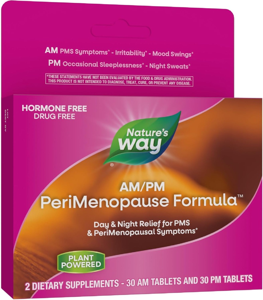 Nature's Way AM/PM PeriMenopause Formula, Periménopause and PMS Symptom Support*, Hormone-Free, Hot Flashes*, PMS Symptômes*, Sommeil reposant*, 30 et 30 PM Comprimés (Packaging May Vary)