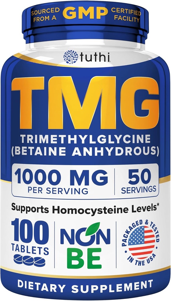 Supplément Tuthi TMG – 1000mg Triméthylglycine – Acide bétaïnique amino pour le soutien cardiovasculaire et les niveaux homocysténiques sains – 100 comprimés végétaliens – sans gluten, sans OGM – fabriqués aux États-Unis