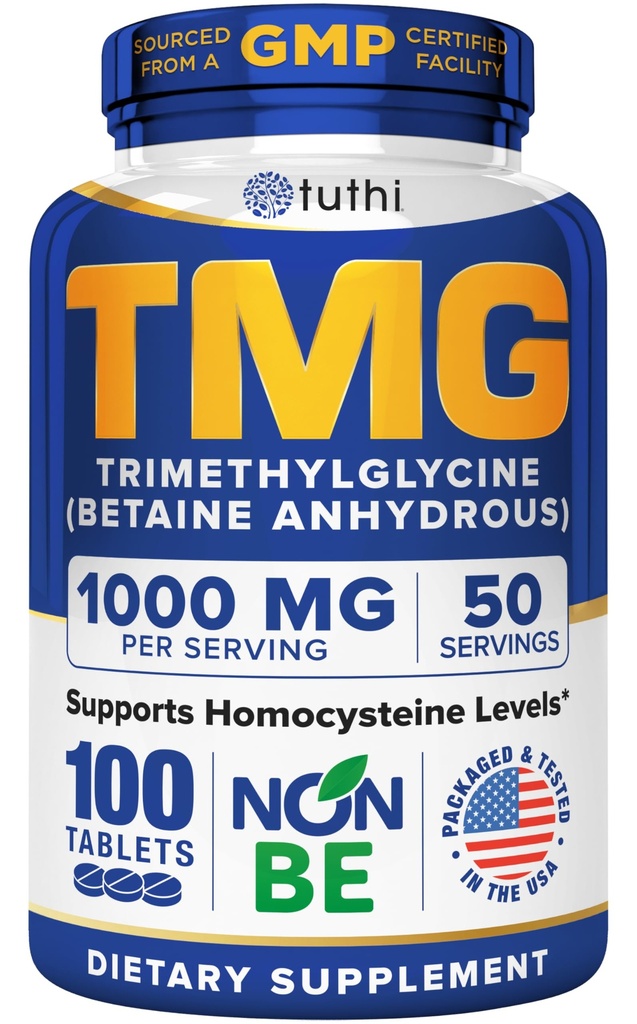 Supplément Tuthi TMG – 1000mg Triméthylglycine – Acide bétaïnique amino pour le soutien cardiovasculaire et les niveaux homocysténiques sains – 100 comprimés végétaliens – sans gluten, sans OGM – fabriqués aux États-Unis