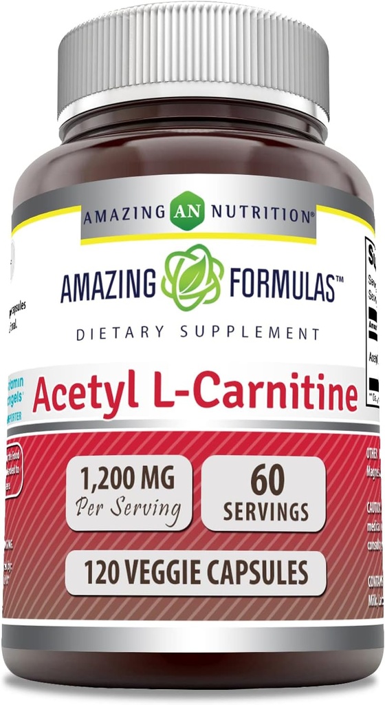 Formules étonnantes Supplément acétyle L-Carnitine $ 1200 Mg $ 120 Capsules Veggie $ Non-GMO $ Sans gluten $ Fabriqué aux États-Unis