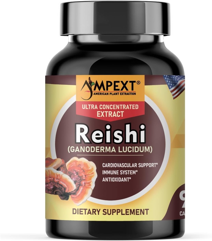 Extrait de champignons Reishi - Qualité premium, seulement les corps fruitiers, antioxydant, Pmonotes Longévité, Immunity Booster, Energy & Vitalité, Enlève Fatigue, 90 Veg Caps.
