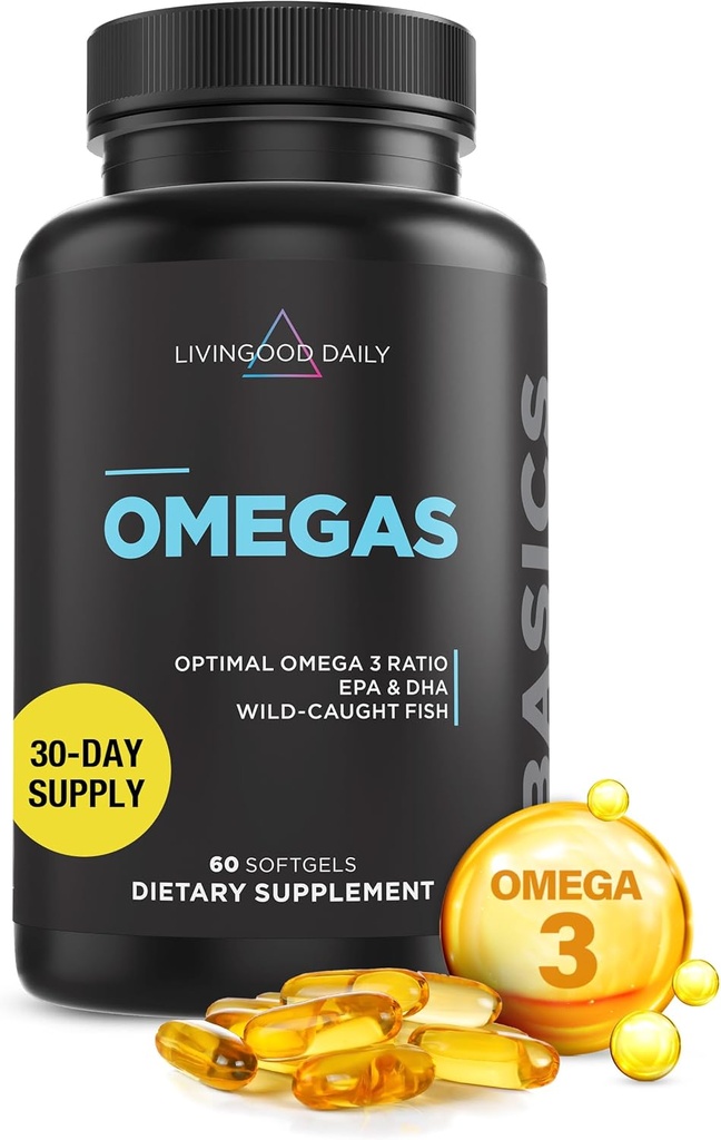 Supplément quotidien d'huile de poisson de Livingood Omega 3, EPA et Dha de poissons sauvages capturés, acides gras Omega 3 pour le cœur, le cerveau et la santé articulaire pour les hommes et les femmes, sans gluten, 30 jours d'approvisionnement, 60 softgels