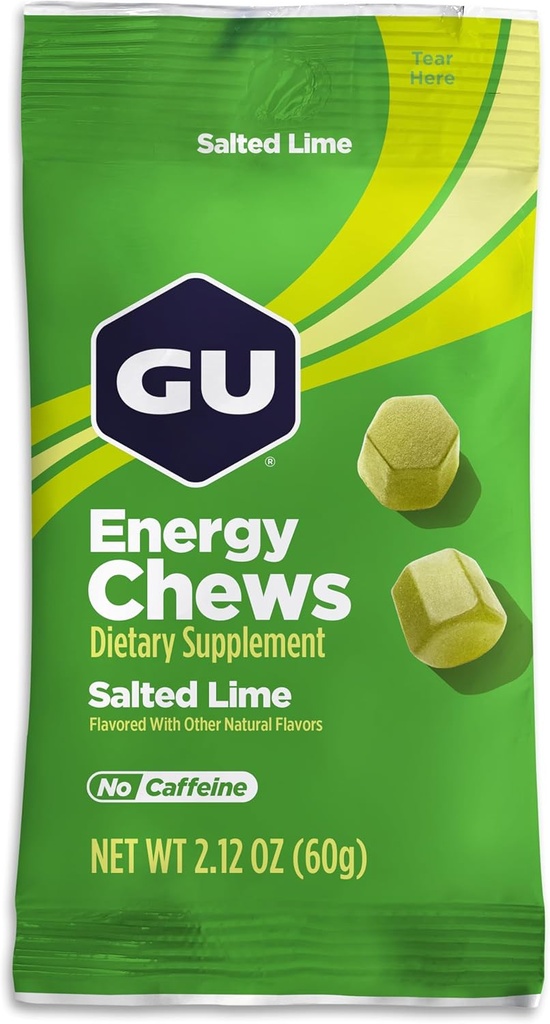 GU Energy Chews, eau de chaux avec électrolytes, végétalien, sans gluten, sans casher, sans caféine et sans lait pour toute séance d'entraînement, 12 sacs (24 portions Total)