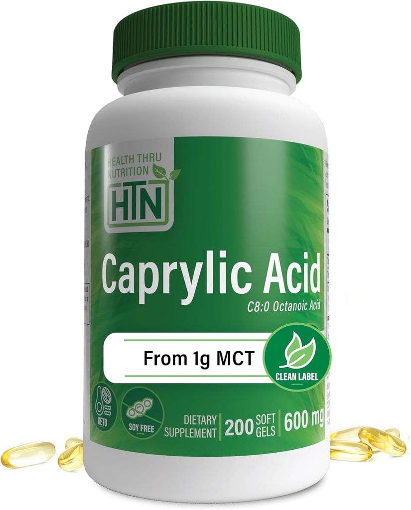 Santé Thru Nutrition Acide caprylique 600mg 200 Softgels , C8 Acid octanoïque de l'huile de MCT 1g pure , sans OGM et sans soja , soutenir santé saine digestive et intestinale , Kéto amical