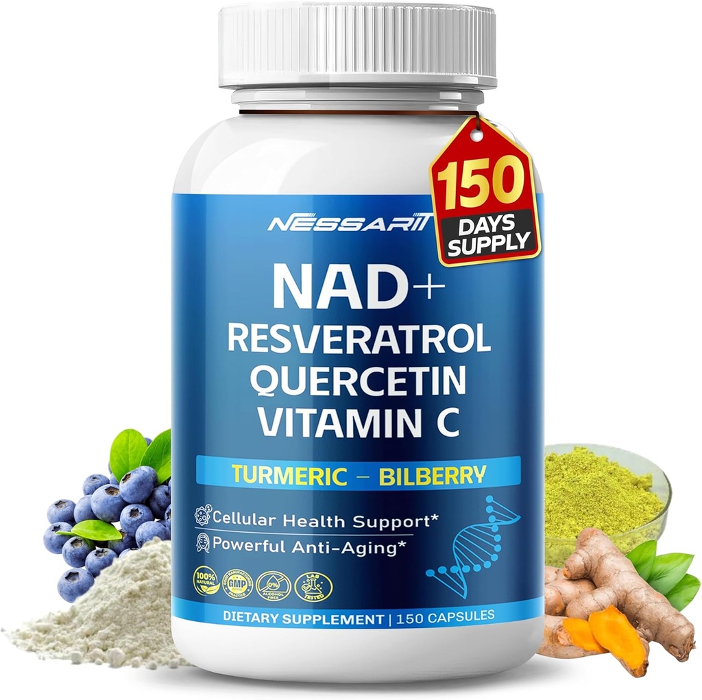Supplément NAD+ RESVERATROL- 10-en-1 Mélange naturel avec Quercetin Berberine Berberine Thé Vert Bilberry - 150 Compte - Fabriqué et testé aux États-Unis