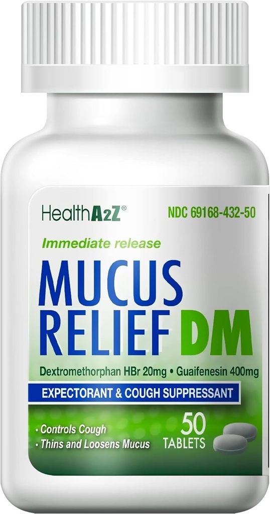 HealthA2Z® Mucus Relief DM-Dextrométhorphane HBr 20mg-Guaifenesin 400mg-D Non Benzène-Doux, libération immédiate, non enrobé (50 Nombre (paquet de 1))