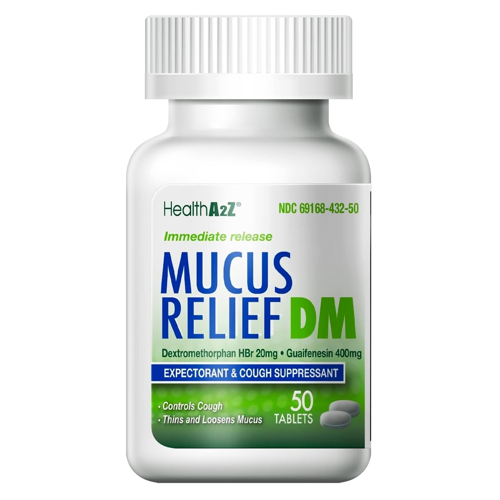 HealthA2Z® Mucus Relief DM-Dextrométhorphane HBr 20mg-Guaifenesin 400mg-D Non Benzène-Doux, libération immédiate, non enrobé (50 Nombre (paquet de 1))