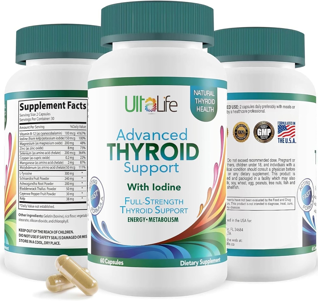 Daily Thyroïde Boost Formule avancée avec Iodine Ashwagandha Vitamine B12 Zinc et Sélénium pour Métabolisme énergétique et Focus 60 Capsules