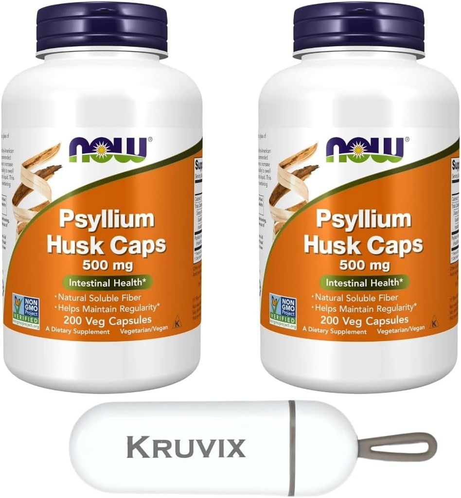 NOW Foods Supplements, Psyllium Husk Caps 500 mg | Non-GMO Project Verified, Natural Soluble Fiber, Intestinal Health* | 200 Veg Capsules - Pack of 2 with Pill Organizer