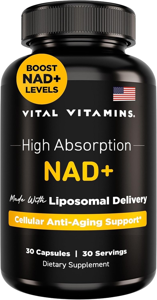 Vitamines vitales Supplément NAD - NAD+ (Nicotinamide Adenine Dinucléotide) pour hommes et femmes - Fabriqué avec livraison liposomique - Support anti-âge cellulaire, énergie, focus - 30 jours d'approvisionnement