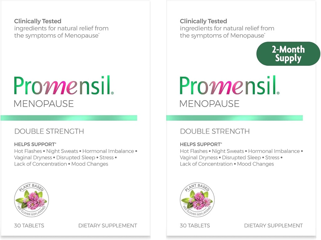 Suppléments de double force à la ménopause promensil pour les femmes - Clover rouge Isoflavones, aide à soutenir les éclairs chauds, les sueurs nocturnes, l'agitation - 30 comtes (paquet de 2)