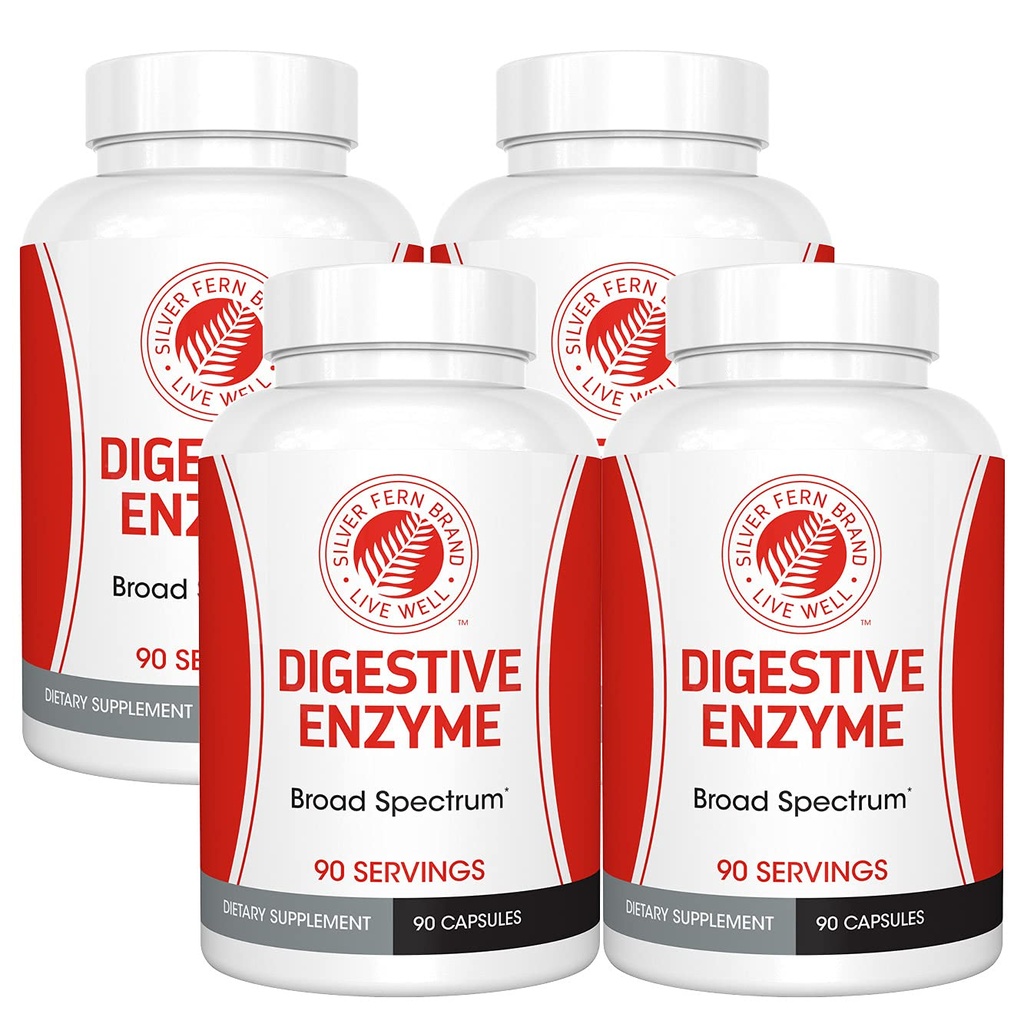 Supplément enzymatique digestif de marque Silver Fern - 4 bouteilles - Haute puissance, Multi enzymes - Confort digestif et tolérance alimentaire - Amylase, protéase, cellulase, More